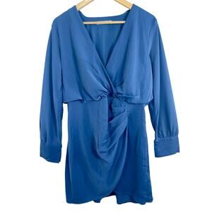 Abercrombie & Fitch Blue Ruched V-Neck Long Sleeve Mini Dress Womens Size Large